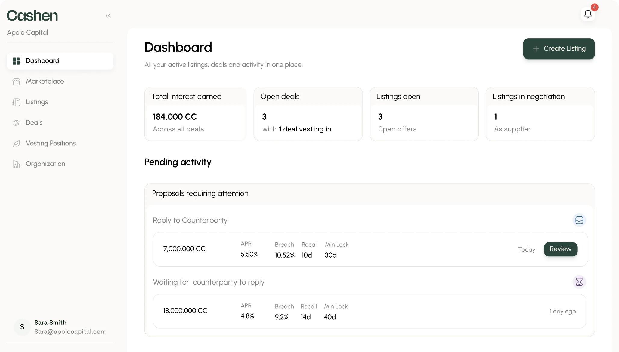 Cashen dashboard showing interest earned, open deals and pending activity