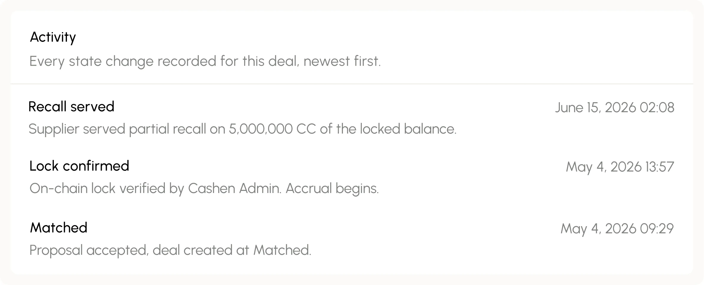 Cashen deal activity timeline showing recall served, lock confirmed and matched events