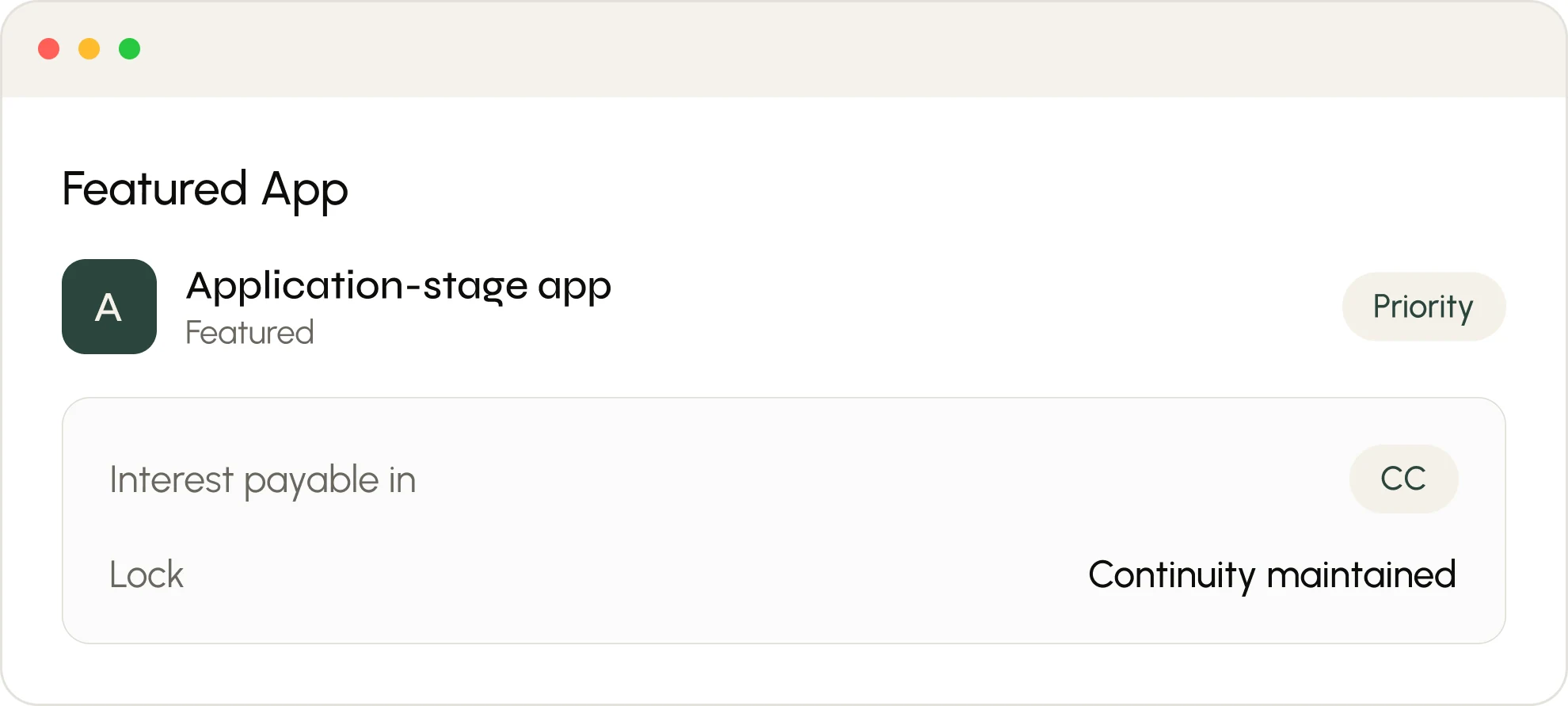 Cashen Featured App view showing priority status and CC interest terms