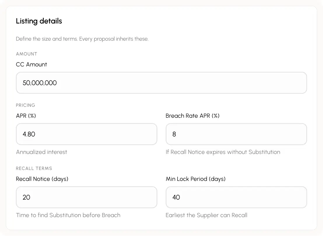 Cashen listing details form for CC amount, APR, recall notice and lock period