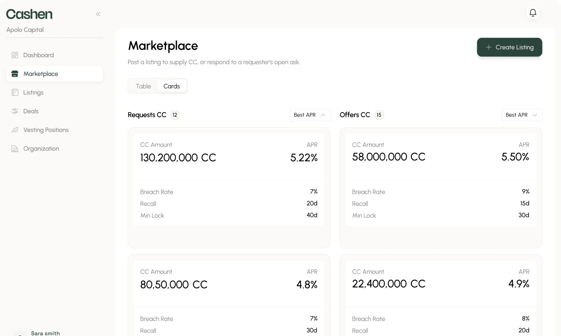 Cashen marketplace order book showing CC requests and offers